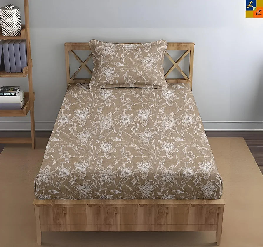Trance Home Linen 100% Cotton 144TC Elastic Fitted Bedsheet Printed Single Bed Size Bedspread with 1 Pillow Cover Colour Serenity Beige