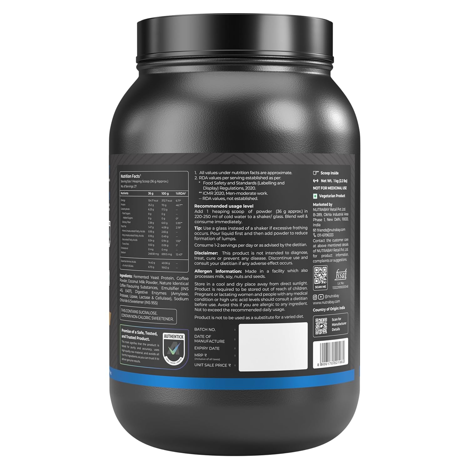Nutrabay Yeast Protein Powder - 1kg, Cold Coffee | 25g Protein & 6.7g BCAA Per Scoop | All 9 EAAs | PDCAAS of 1 | Lactose Free, Soy Free | Superior Muscle Growth & Recovery