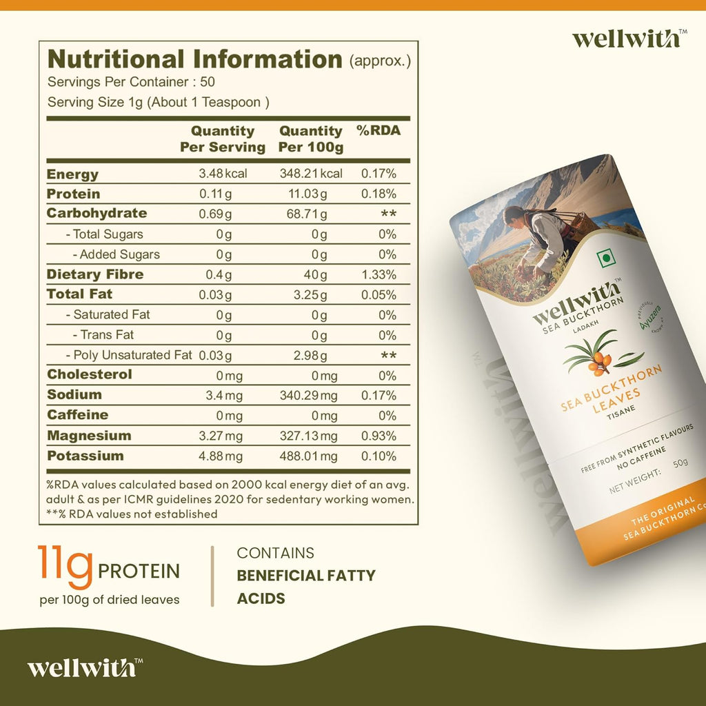 Wellwith by Ayuzera Sea Buckthorn Raw Leaves Tea, Good For Skin and Immunity, For a Healthy Lifestyle - Himalayan Herbal Tea - Pure & Natural (100g)