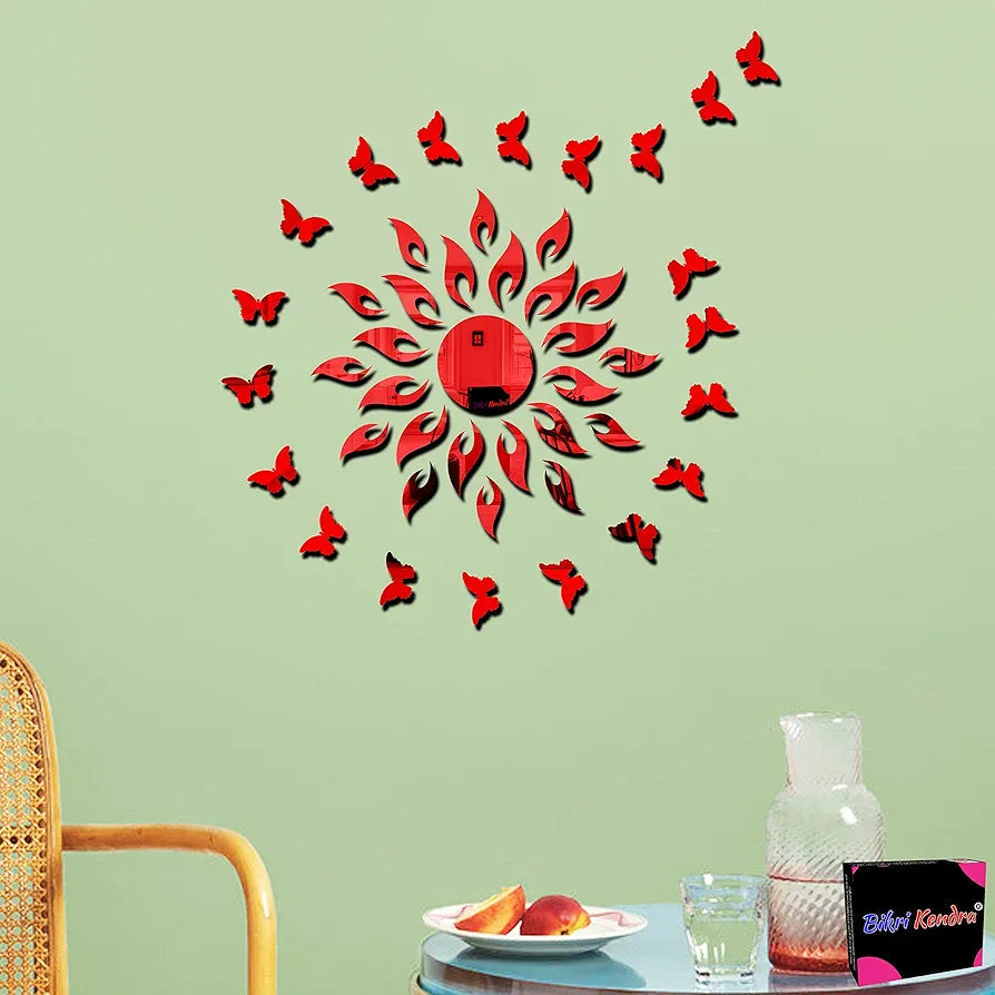 Bikri Kendra Art BK160 Sun red with 20 red Butterfly 3D Acrylic Mirror Stickers for Wall