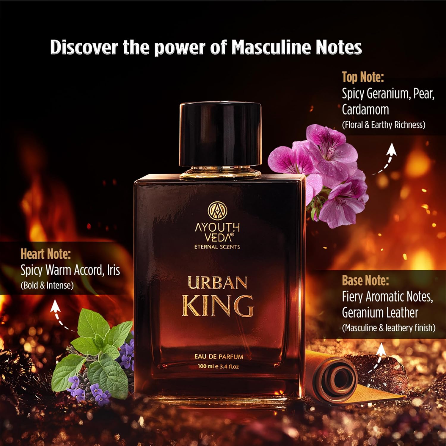 Ayouthveda Urban King Eau De Parfum for Men | Long-Lasting Luxury Perfume | Geranium, Patchouli, Spicy Warm Accord & Leather Notes | Bold & Confident All-Day & Night Fragrance | 100ml