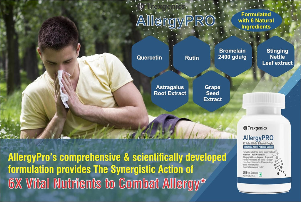 Trexgenics ALLERGYPRO 6X Natural Allergy Support with Quercetin, Rutin, Bromelain, Astragalus extract Grape seed extract 95% OPC, Stining nettle extract (60 Veg. Capsules) (Pack of 1)