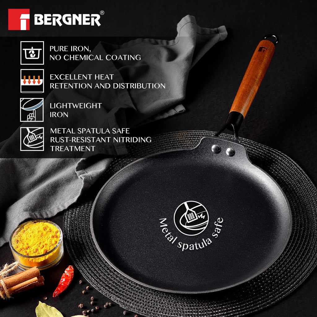 Bergner Odin 28 Cm Cast Iron Dosa Tawa With Wooden Coated Handle