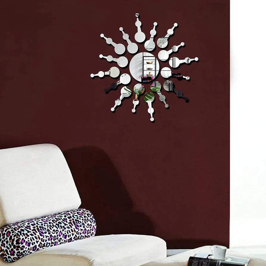 Bikri Kendra Sun Silver Model-7 Mirror Stickers for Wall, Acrylic Mirror Wall Decor Sticker