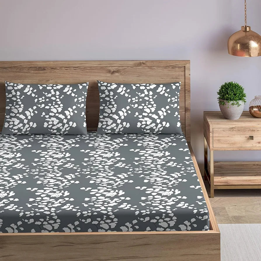 Trance Home Linen 200TC 100% Cotton 78"x60" Standard Queen Size Elastic Fitted Bedsheet Printed with 2 Pillow Covers Ginkgo Leaves Colour Grey White
