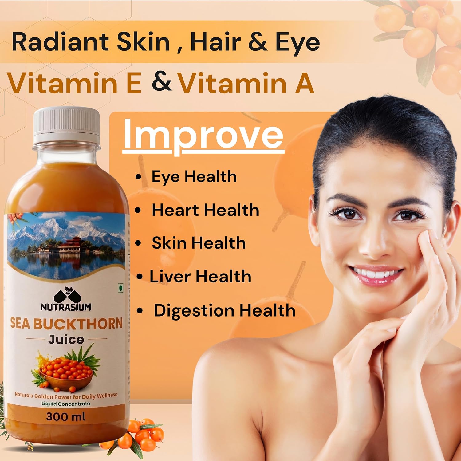 Nutrasium Sea Buckthorn Juice - 300 ml | Pulp Concentrate Made for Your Total Wellness Support |Natural Source of Vitamin C, Omega 3 6 7 9, Antioxidants For Immunity, Skin Glow & Gut Health