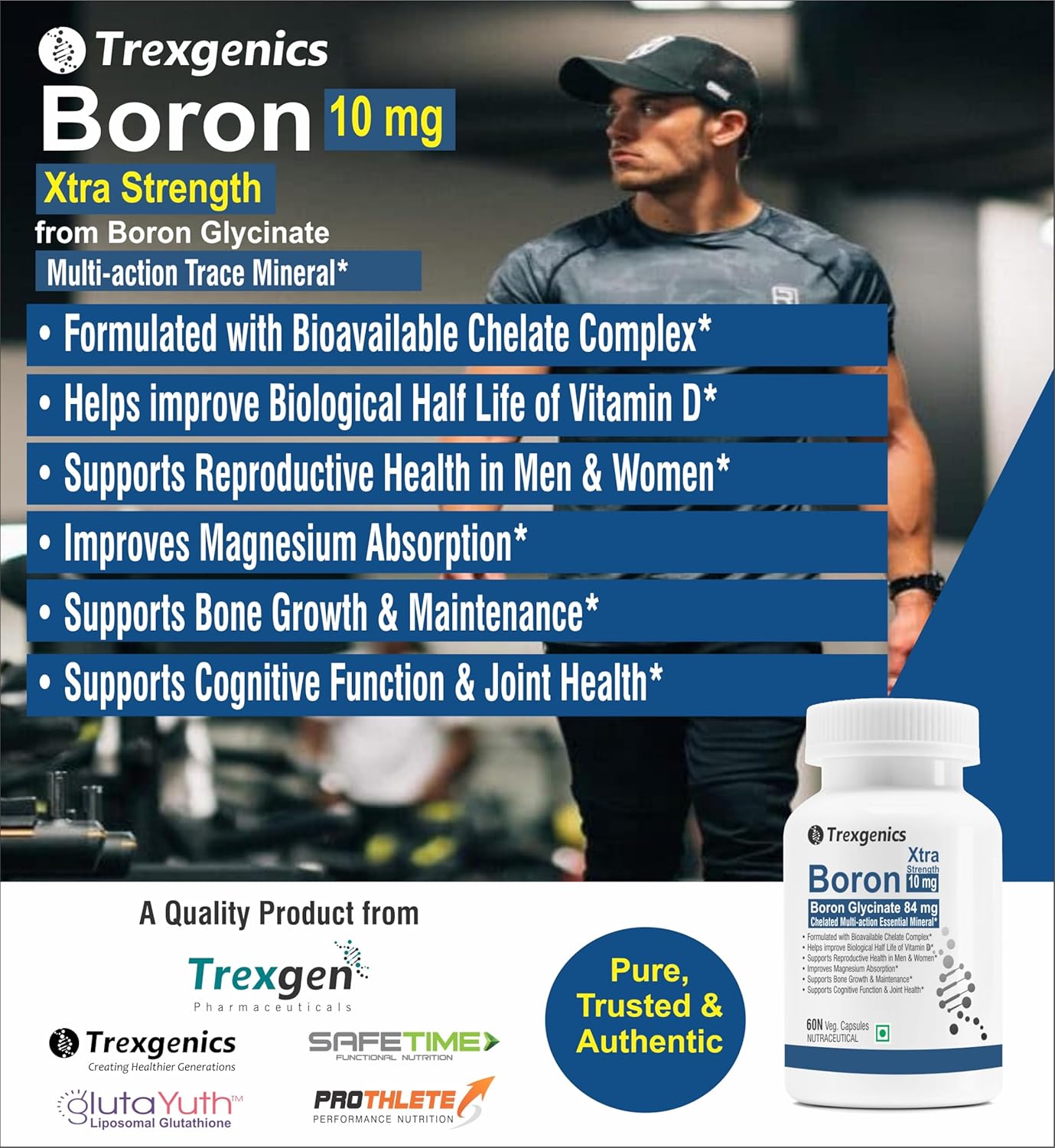 Trexgenics Boron 10 mg XTRA STRENGTH from Boron Glycinate Multi-action Mineral, Bone, Cognitive Function, Reproductive & Joint Health ((60 Veg Capsules)