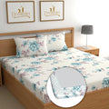 Dreamlet 180tc Cotton Feel All Around Elastic Fitted Bedsheets for Double Bed With 2 Pillow Covers | Off White & Blue