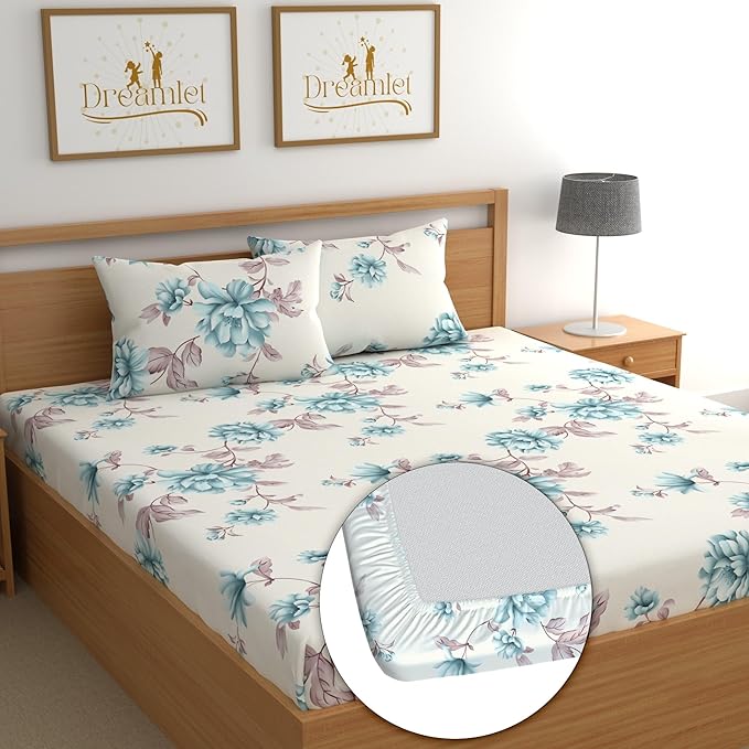 Dreamlet 180tc Cotton Feel All Around Elastic Fitted Bedsheets for Double Bed With 2 Pillow Covers | Off White & Blue