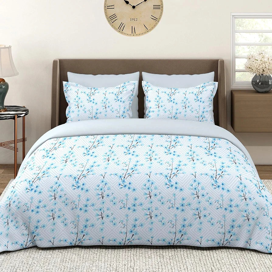 Layers Lumina Floret Cotton Bedsheet Set for All Seasons Lightweight 144 TC King Size Blue Ethnic