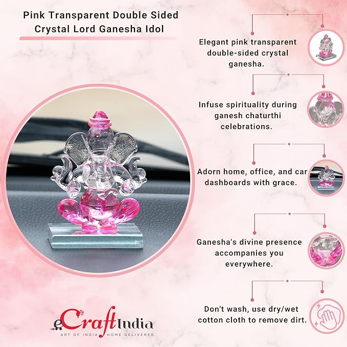 Ecraftindia Pink and Transparent Double Sided Crystal Car Ganesha Showpiece