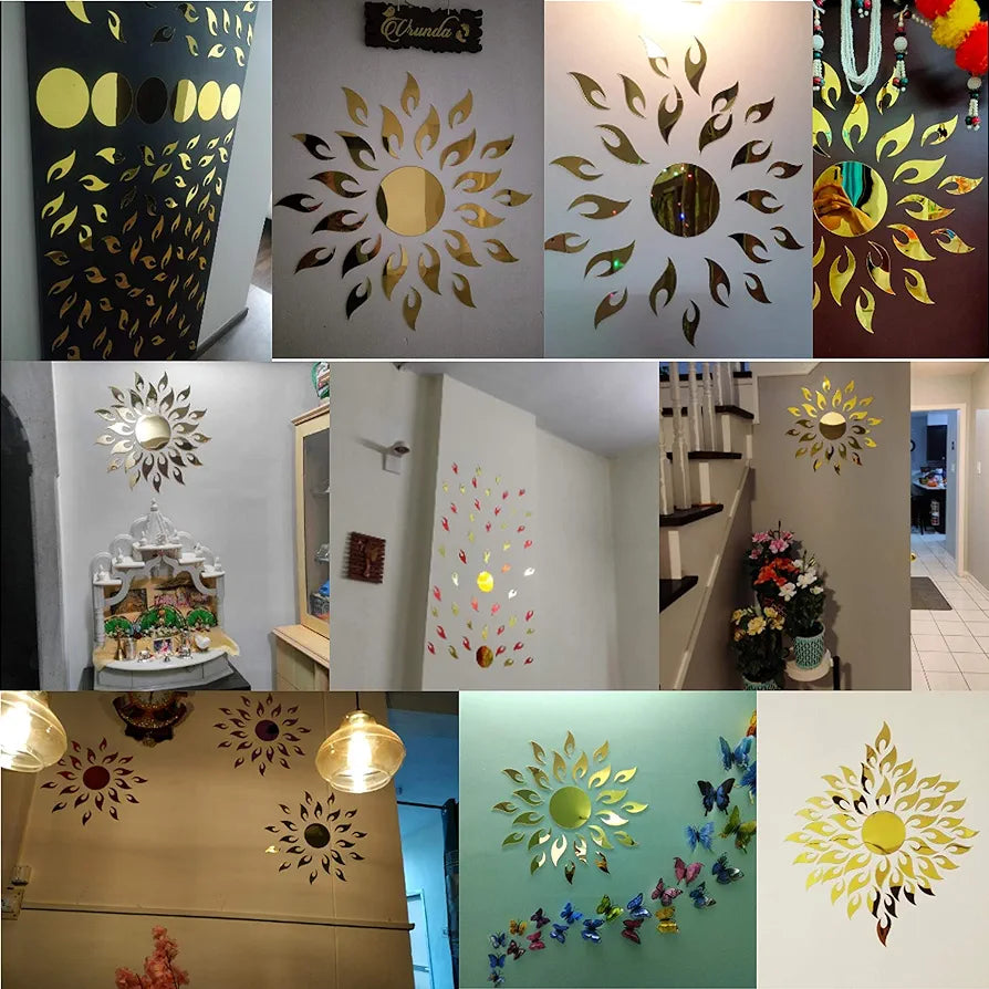 Bikri Kendra Sun Golden Decorative Mirror Stickers for Wall Mirror Stickers 3D Acrylic