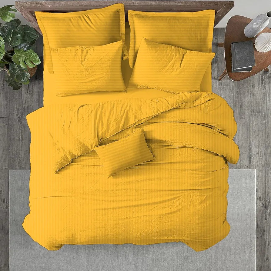 Trance Home Linen Zippered 100% Cotton 200TC Satin Stripe King Size Duvet Cover Quilt Cover Blanket Cover Razai Comforter Cover with 2 Pillow Covers Colour Golden Yellow