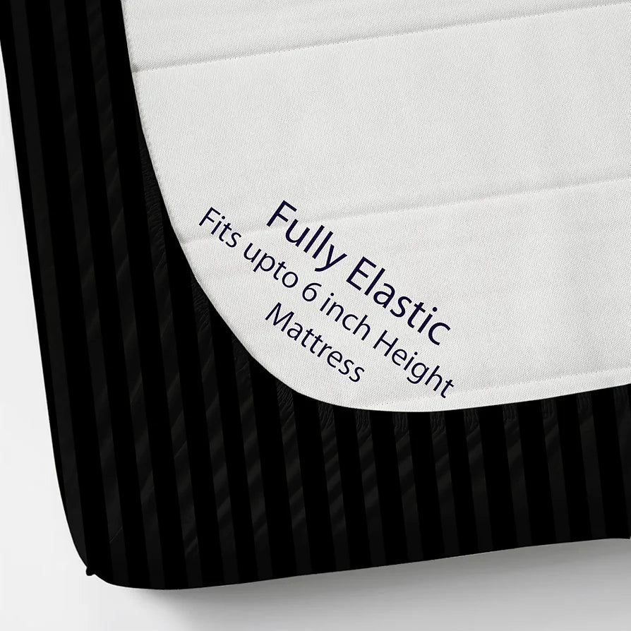 Homefab India 160 TC Stripe Cotton Feel Glace Cotton Elastic Fitted King Size Double Bed Bedsheet with 2 Pillow Covers Fits Upto 6 inches Mattress Black
