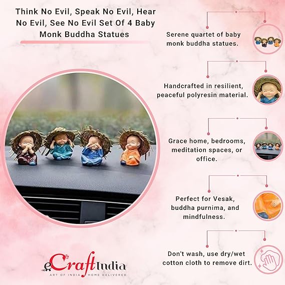 Ecraftindia Think No Evil, Speak No Evil, Hear No Evil, See No Evil Set of 4 Baby Monk Buddha Statue With Hat Decorative Showpiece