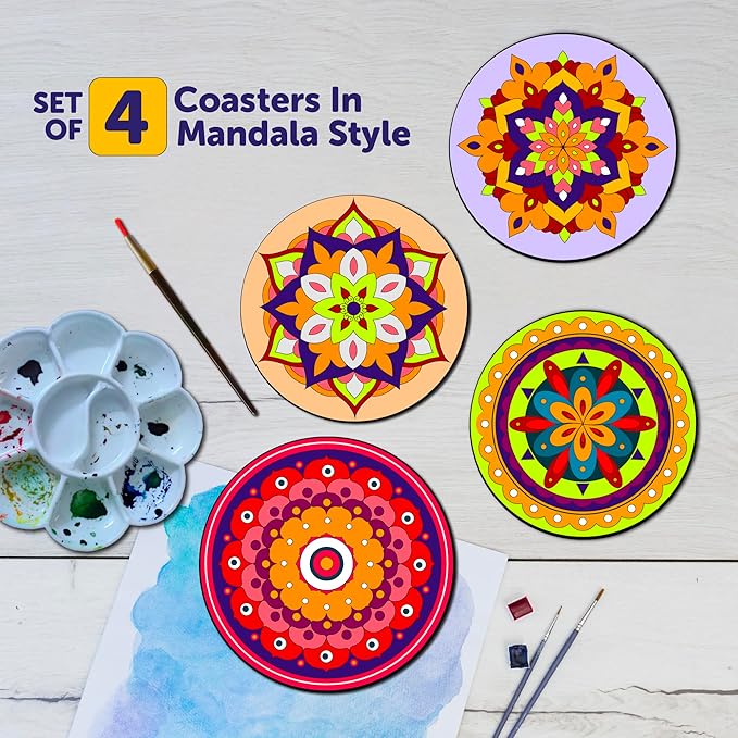Mini Leaves Diwali Rangoli Kit | Mandala Art and Craft Kit for Girls 9-12 | Tea Coaster Diy Art and Craft Kit | Set of 4 With Painting Colors