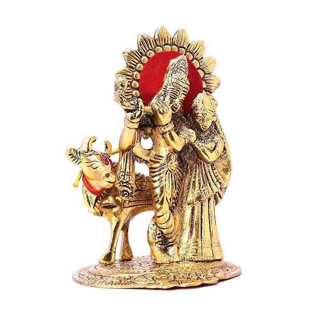 KridayKraft Metal Radha Krishna Standing with Cow Statue for Decorative Home office and Gifts
