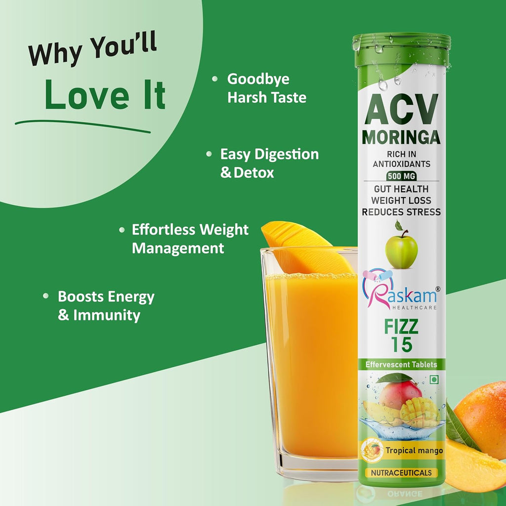 Apple Cider Vinegar (ACV) Moringa | Master Your Appetite & Boost Immunity | Natural Energy with Antioxidants | No Added Sugar | Tropical Mango Flavor | 15 Fizz Tablets (500mg) Pack of 1