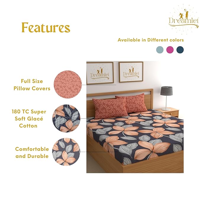 Dreamlet Premium Cotton Flat Double Bedsheets With 2 King Size Pillow Covers Double Bed Breathable | Blue & Brown