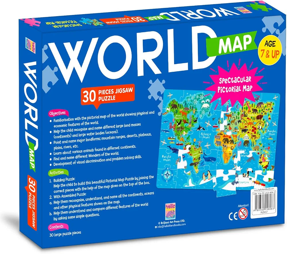 Hello Friend World Map Jigsaw Puzzle Box for Kids 100 Piece Jigsaw Puzzle Trave Brain Games for Children Ages 6-12