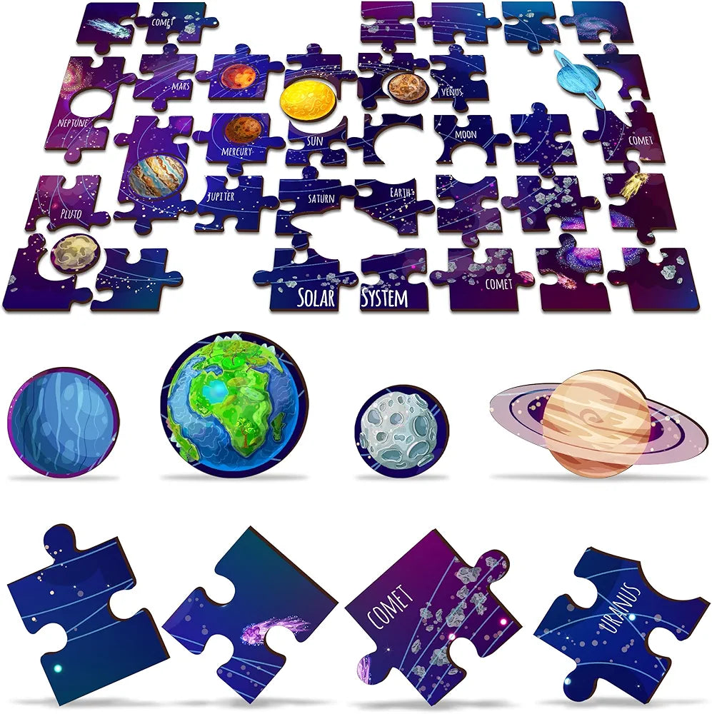 Lefan India Map & Solar System Floor Puzzle Mat for Kids – Set of 2 Educational Wooden Jigsaw Puzzles – Geography & Space Learning Toys for Boys & Girls Age 3+