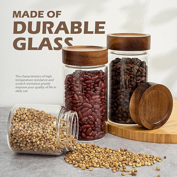 Femora Kitchen Storage Jars Borosilicate Glass With Wooden Lid Air Tight Jar | 750 Ml | Pack of 2 | Transparent