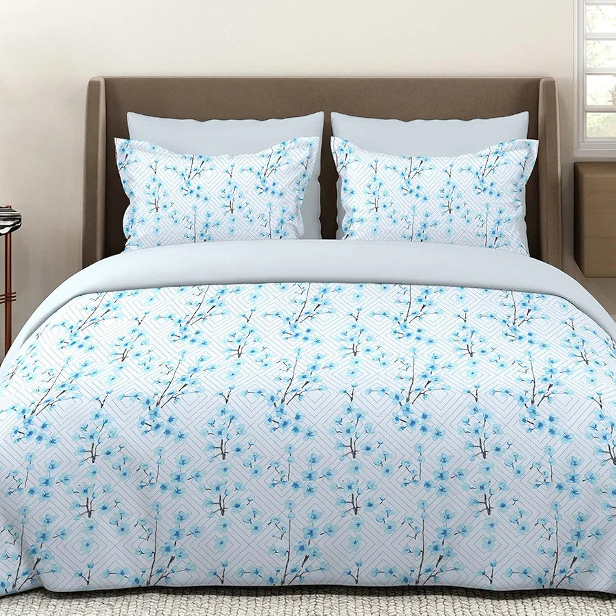 Layers Lumina Floret Cotton Bedsheet Set for All Seasons Lightweight 144 TC King Size Blue Ethnic
