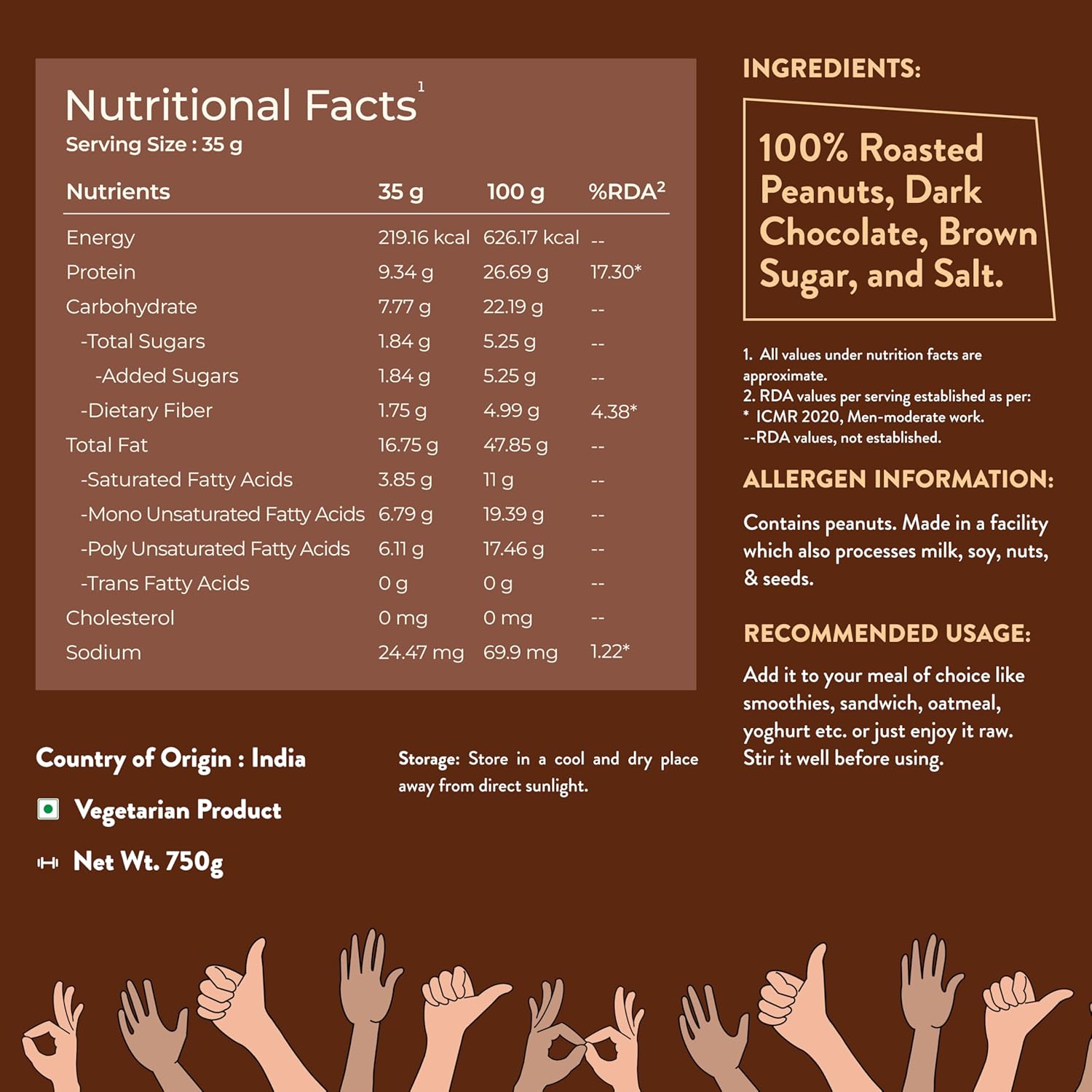Nutrabay Foods Peanut Butter (Creamy) - Chocolate Intense, 750g | 100% Roasted Peanuts, 22g Protein, Zero Cholesterol, Vegan, Gluten Free, Non GMO
