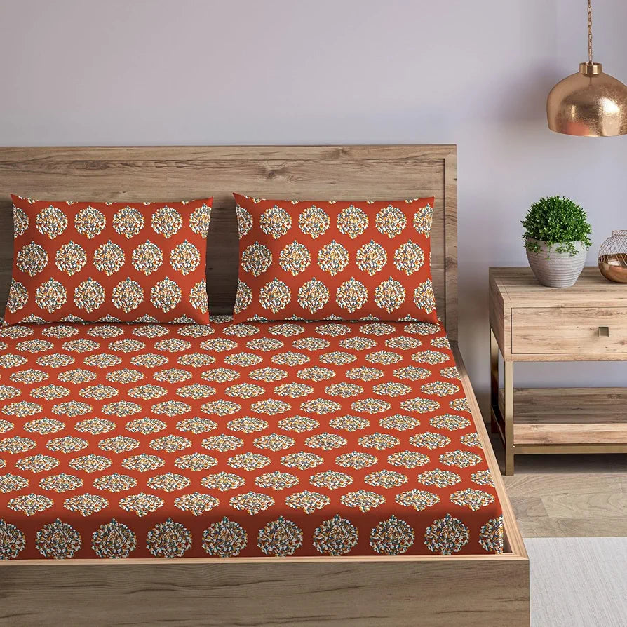 Trance Home Linen 200TC 100% Cotton 78"x60" Queen Size Elastic Fitted Bedsheet Printed Queen Bed Size with 2 Pillow Covers Colour Damask Clay Red