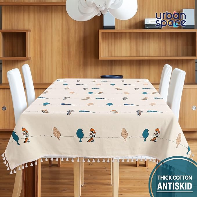 Urban Space Cotton Dining Table Cover 4 Seater Printed Cotton Table Cloth Clour High Bird Blue