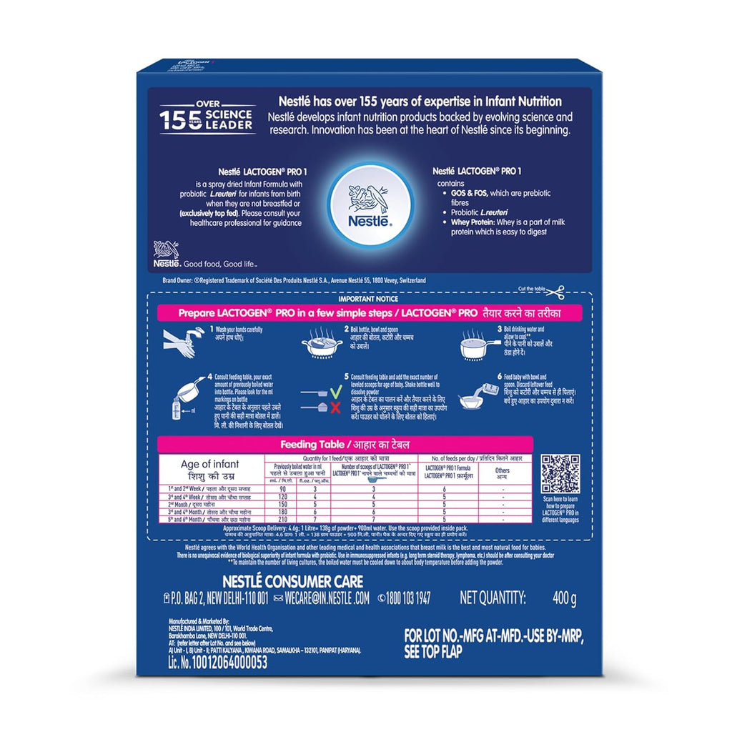 Lactogen Pro 1 Powder, Infant Formula Up To 6 Months With Probiotic And Prebiotics, Bag-In-Box Pack, 400g
