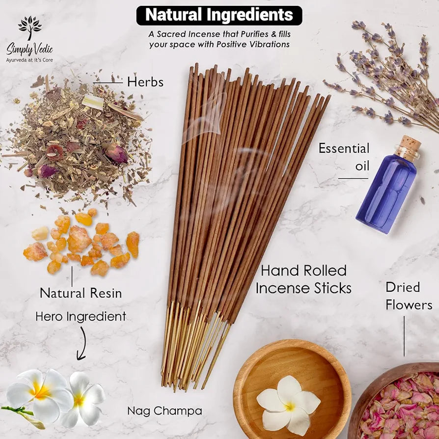 Simply Vedic Nag Champa Incense Sticks with Holder – 135 Hand-Rolled Natural Agarbatti