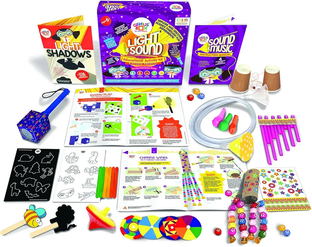 Genius Box Play some Learning STEM Toy for 5+ Year Age: Light and Sound DIY,Activity Kit, Learning Kit, Educational Kit,Multicolor, Wood;Paper 15 Activity Kit