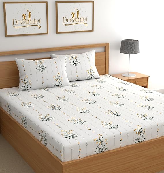 Dreamlet All Around Elastic Supersoft 210tc Premium Cotton Elastic Fitted Bedsheets With 2 King Size Pillow Covers | Off White and Yellow