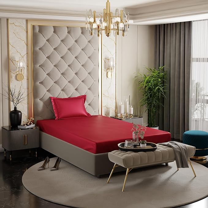 Stoa Paris Satin Elastic Fitted Bedsheets for Single Bed 300TC Premium 1 Pillow Cover Colour Flirty Red