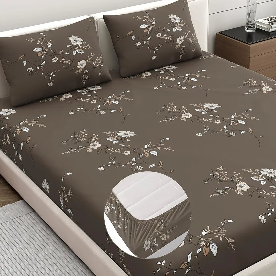 Dreamscape Microfibre Wrinkle & Fade Resistant Fitted Bedsheet for King Bed, 140TC, 1 Fitted Bed Sheet  with 2 Pillow Covers, Dk. Brown Earthy Wood