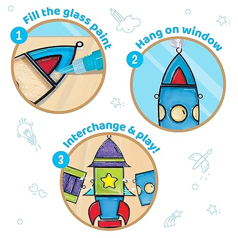 Imagimake Window Art Rocket 16 Pieces Glass Painting Set Astronaut Rover Space Designs