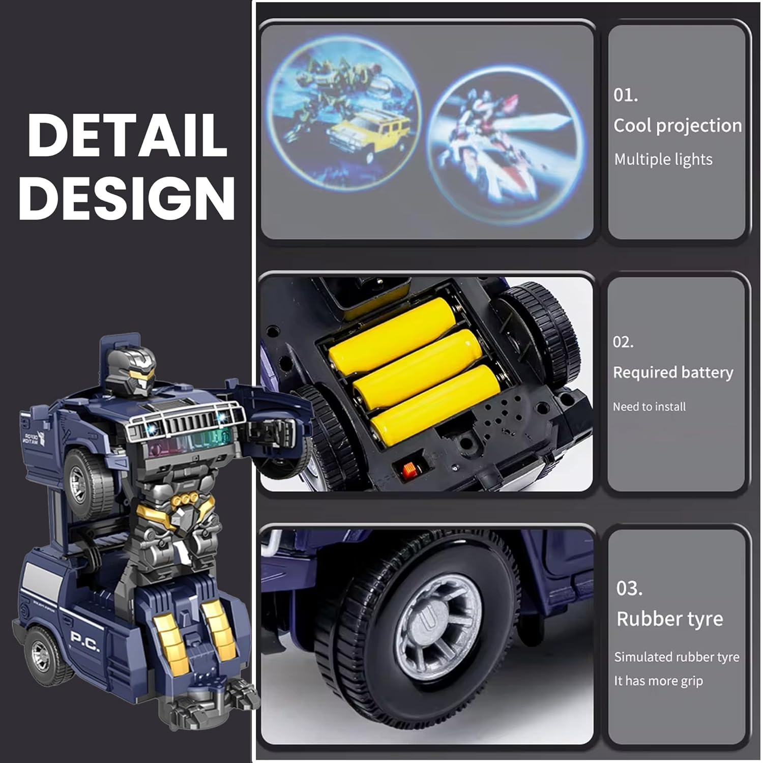 Kidology Transforming Robot Car Black With Light Police Cars for Kids