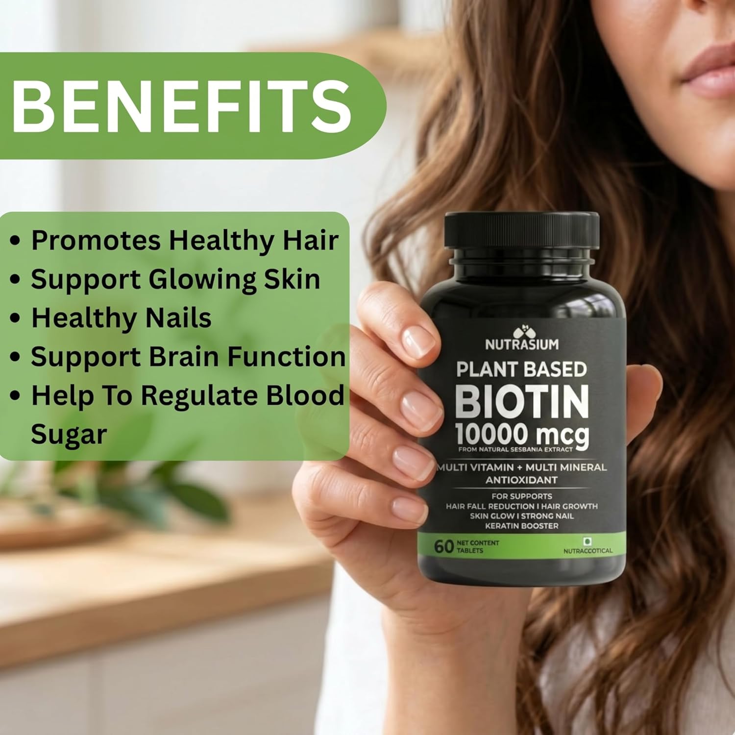 Nutrasium Plant Based Biotin, Collagen Booster, Keratin Builder with Amino Acid and Minerals | For Hair, Skin & Nail Radiance | Hair Vitamin (Biotin Collagen Booster Blend- 60 Tablets)
