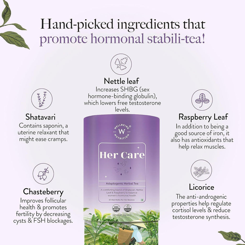 Wellbeing Nutrition Her Care Tea for PCOS PCOD | Herbal Tea for Women with Shatavari & Chasteberry for PMS Relief, Hormonal Imbalance & Regularize Menstrual Cycle (20 Pyramid Tea Bags)