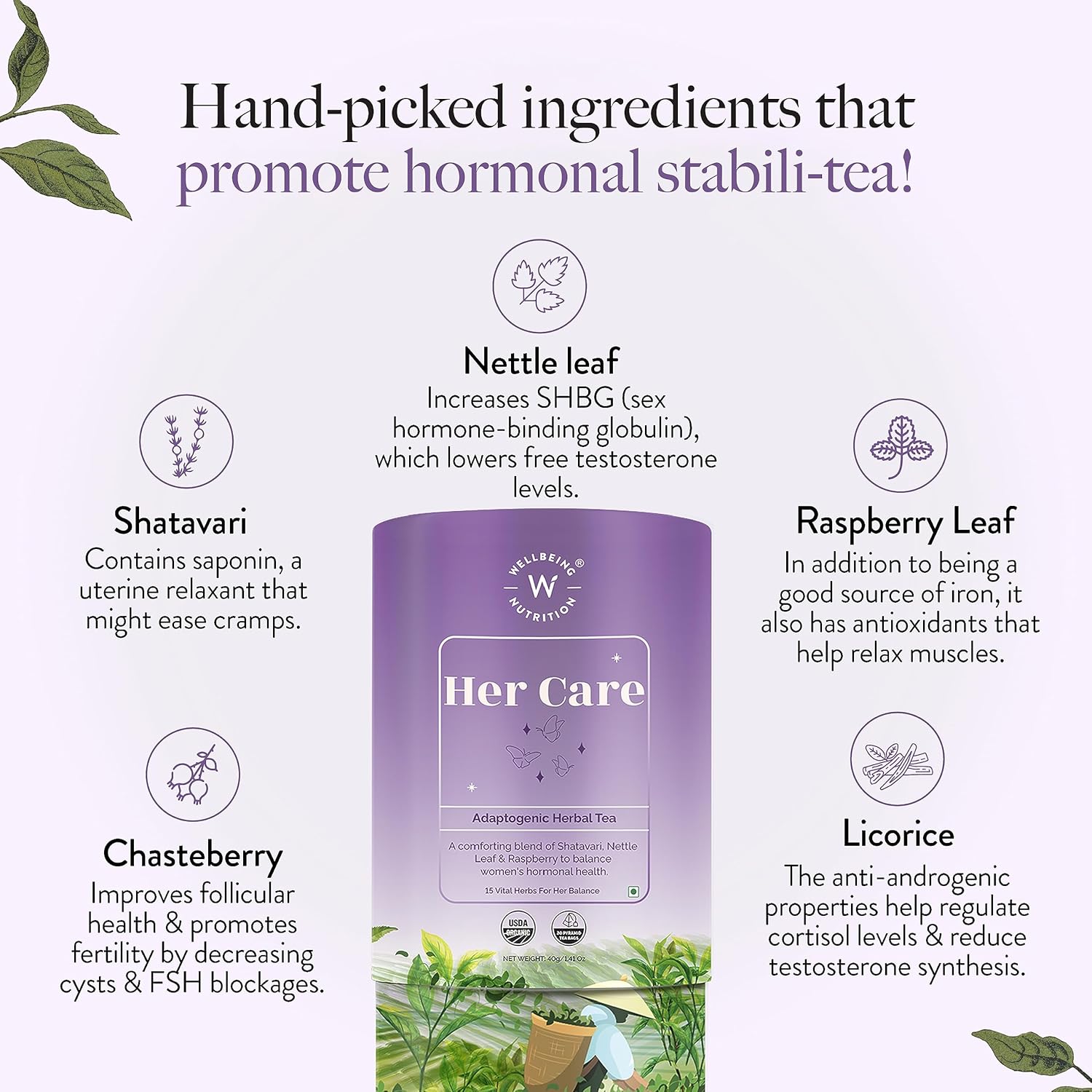 Wellbeing Nutrition Her Care Tea for PCOS PCOD | Herbal Tea for Women with Shatavari & Chasteberry for PMS Relief, Hormonal Imbalance & Regularize Menstrual Cycle (20 Pyramid Tea Bags)
