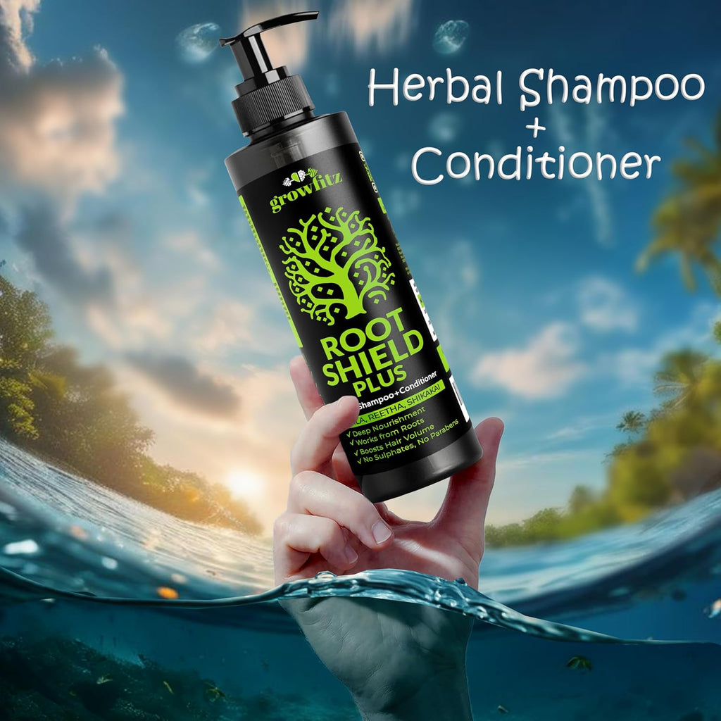 Growfitz 2-in-1 Herbal Anti-Hair Fall Shampoo + Conditioner for Unisex | 100% Ayurvedic | Dandruff Control, Boost Hair Volume For All Hair Types | AYUSH Certified | 33 Natural Herbs (Pack of 1)