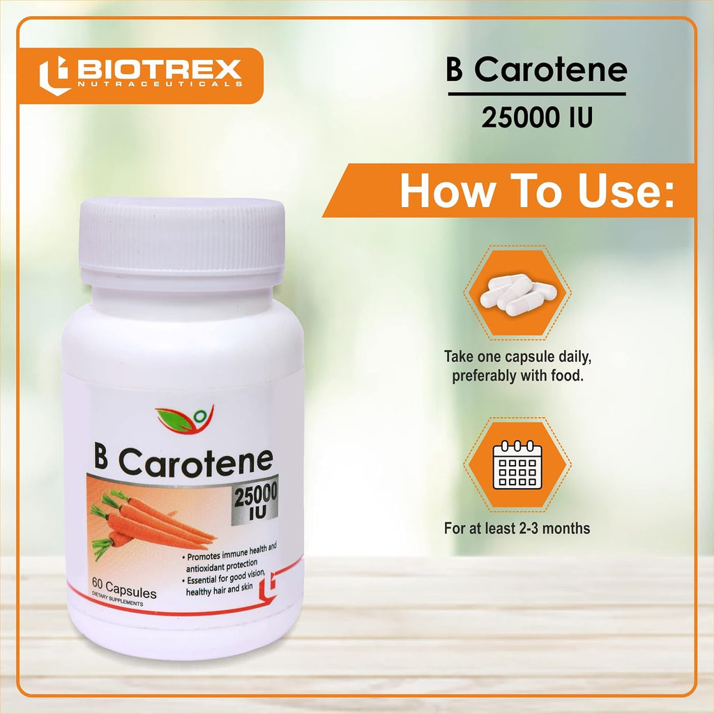Biotrex Beta Carotene 25000IU - Essential for good vision, healthy hair and skin (60 Capsules), nutritional supplement, multivitamins, vitamin capsules, for men, women and adults, health supplements,