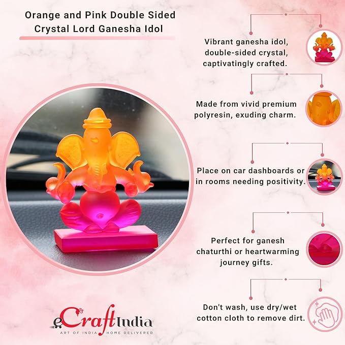 Ecraftindia Pink and Orange Double Sided Crystal Car Ganesha Showpiece
