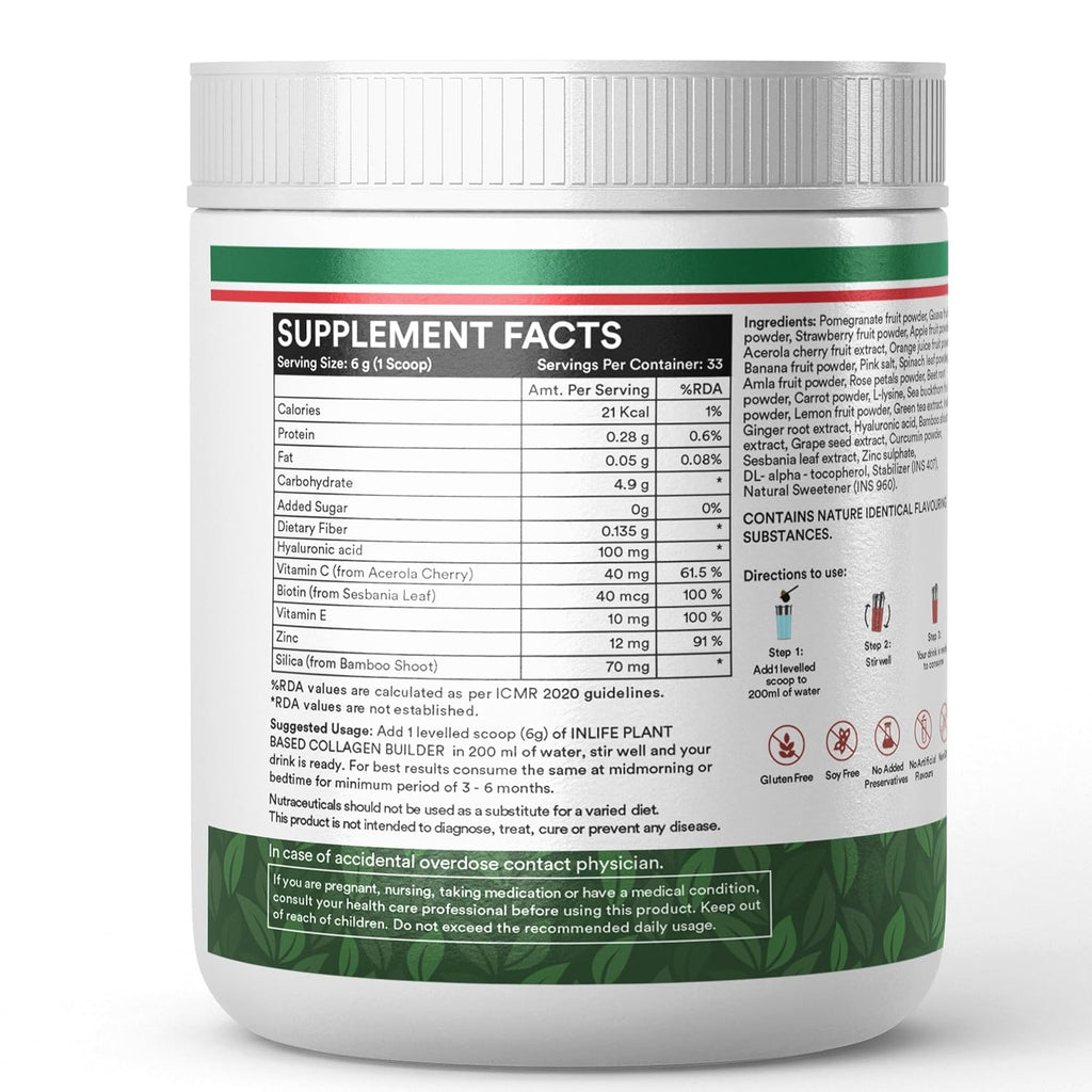 INLIFE Collagen Builder Supplements For Women and Men | Plant Based Collagen Powder for Skin & Hair with Biotin from Sesbania, Vitamin C, Silica, Hyaluronic Acid, Vitamin E, 200g (Fruit Punch)