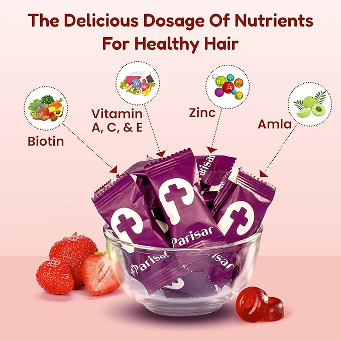 Parisar Pharma Biotin Gummies for Strong Shiny & Thick Hair Vitamin A to E - 60 Gummies