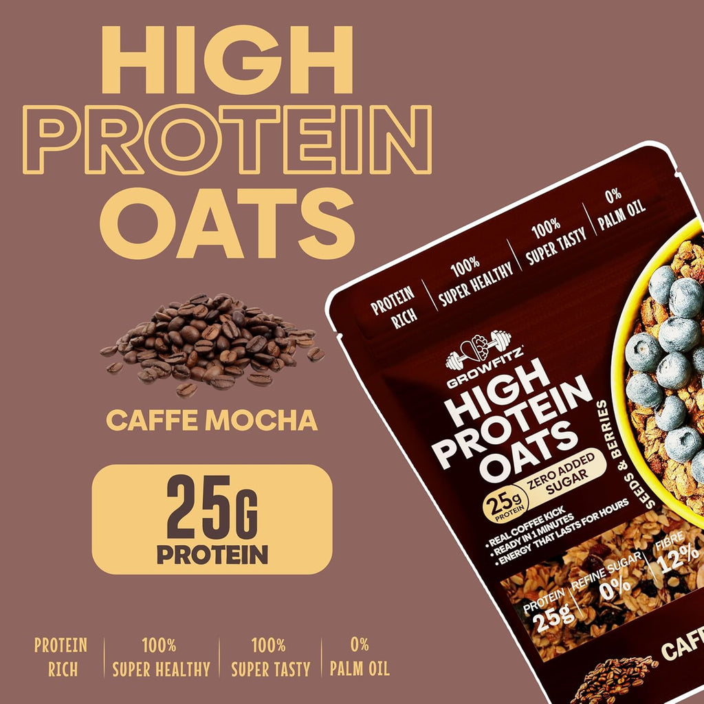 GrowFitz 25g High Protein Oats 800 Gram | Caffee Mocha Flavor Breakfast Oatmeal | 12g High Fiber, Almonds, Raisin, Pumpkin, Chia Seeds, Super Rolled Oats | Healthy Fats, No Added Sugar (Pack of 1)