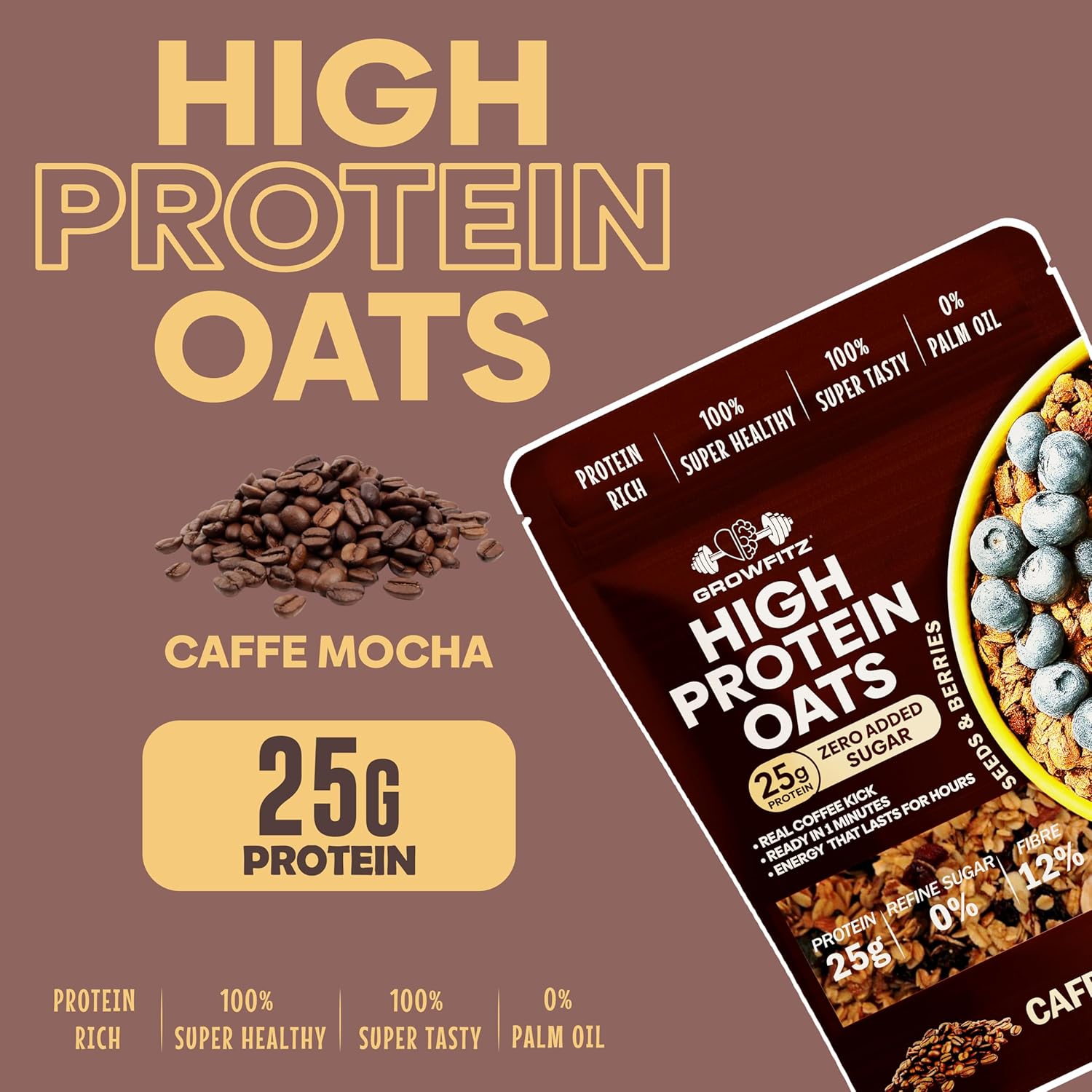 GrowFitz 25g High Protein Oats 800 Gram | Caffee Mocha Flavor Breakfast Oatmeal | 12g High Fiber, Almonds, Raisin, Pumpkin, Chia Seeds, Super Rolled Oats | Healthy Fats, No Added Sugar (Pack of 1)