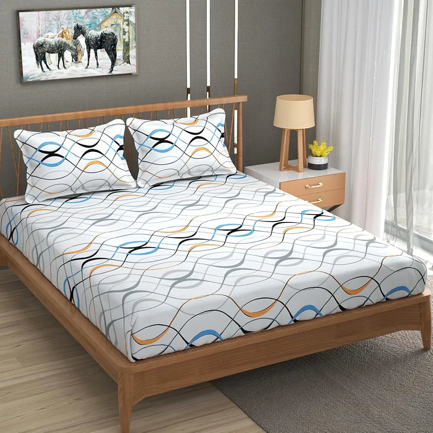 Homefab India 180 TC Microfiber Double BedSheet with 2 Pillow Covers White Waves
