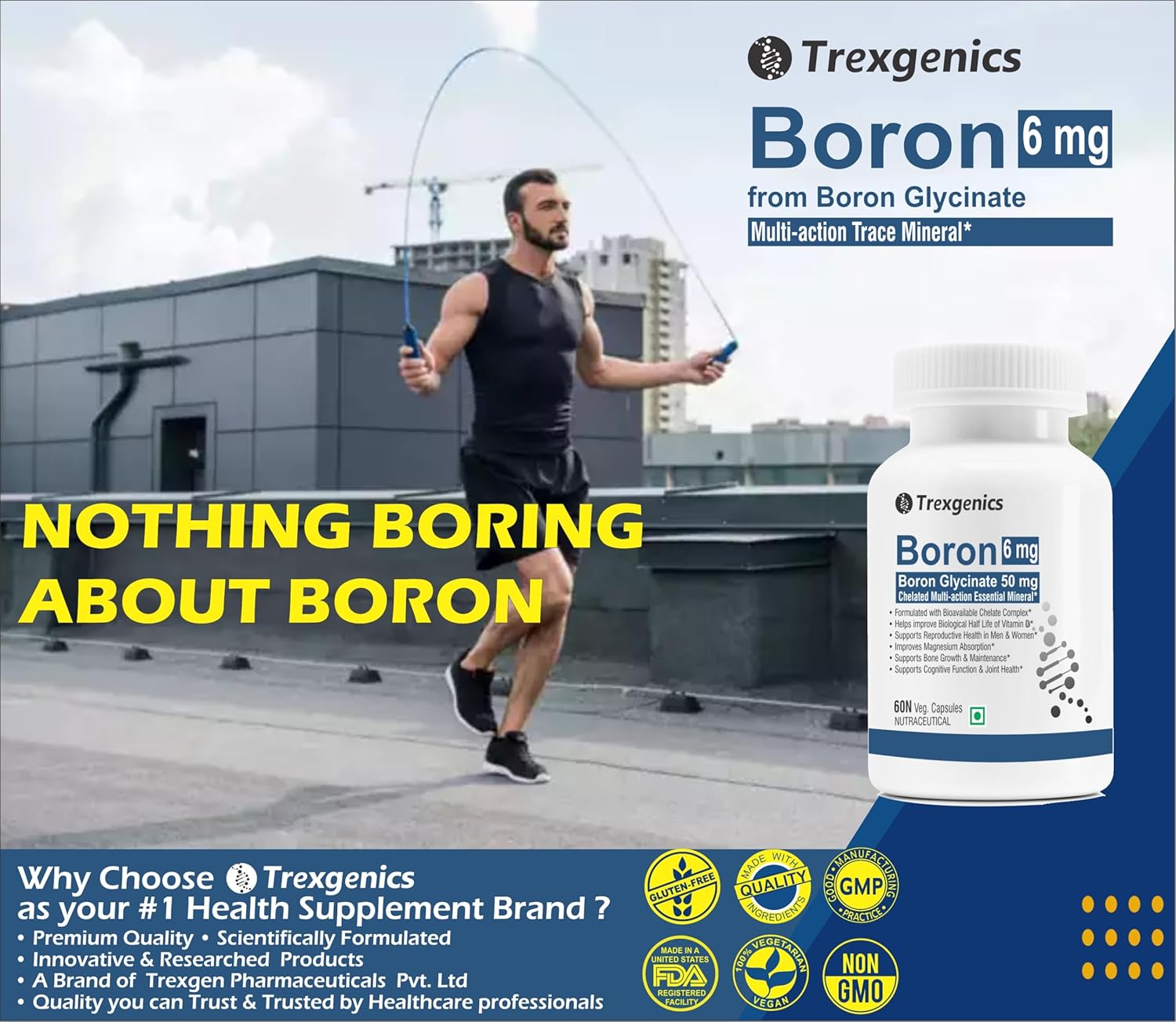 Trexgenics Boron 6 mg from Boron Glycinate 50 mg Multi-action Mineral, Bone, Cognitive Function & Joint Health (60 Veg Capsules)